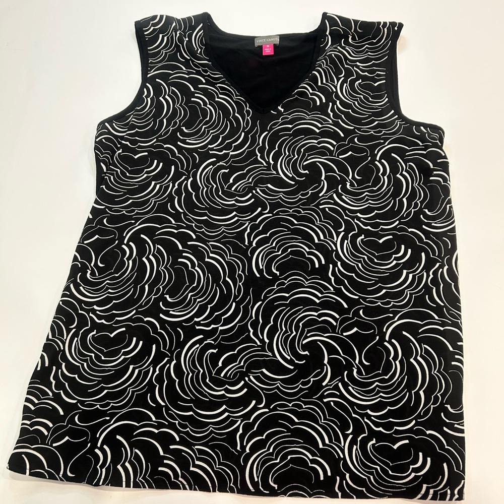 Vince Camuto Sleeveless Blouse Medium Black White Floral V-Neck Work Top - Picture 1 of 6